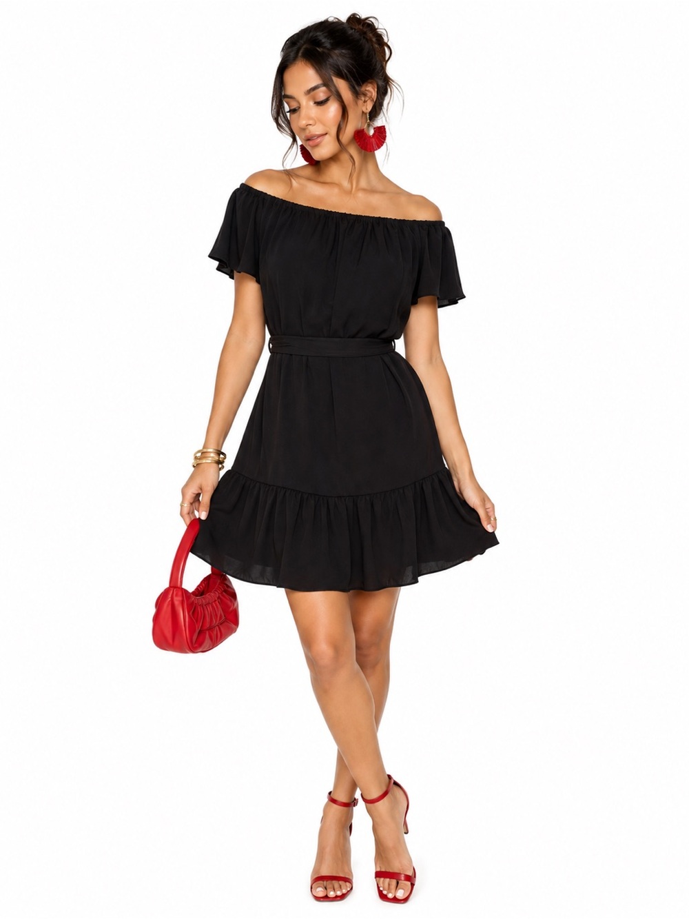 Banana Republic Petite XS Black Ruffle Off Shoulder Mini Dress Belted